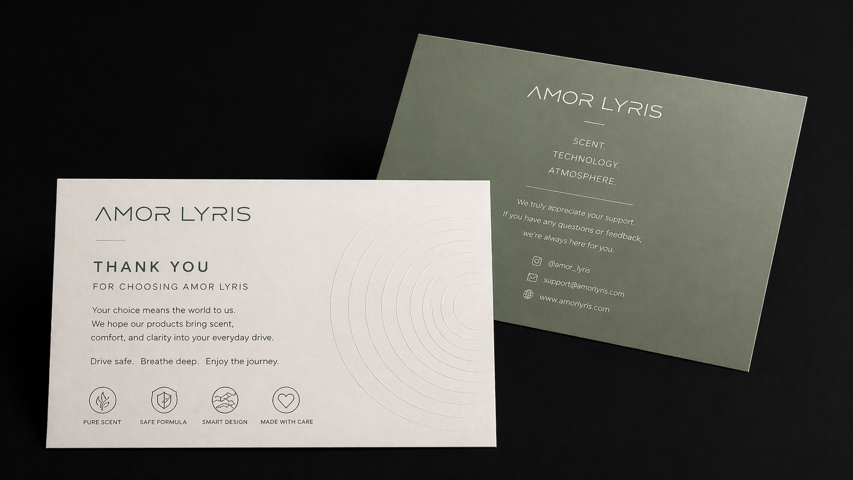 Amor Lyris printed thank-you and support card