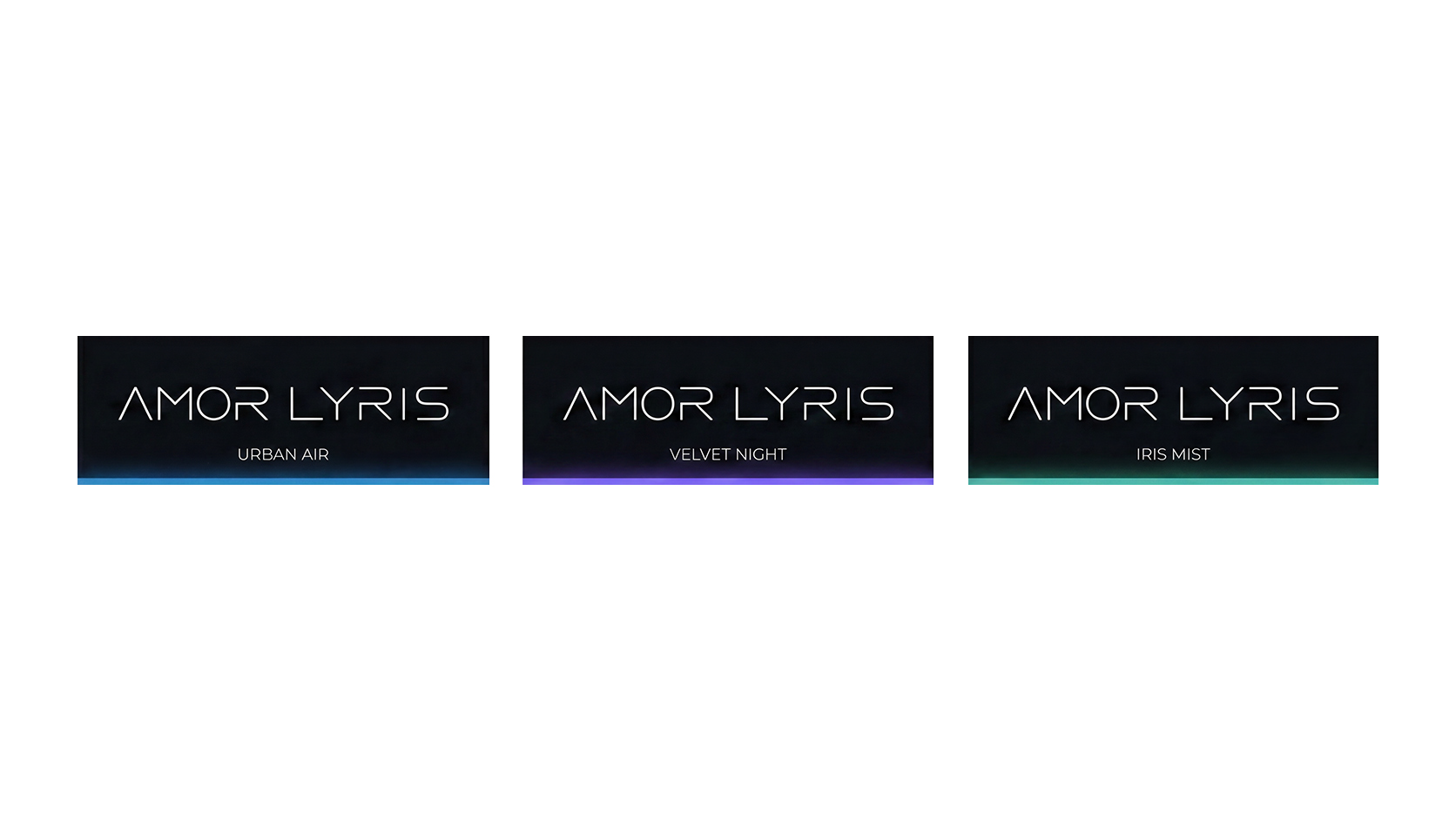 Amor Lyris scent label series in Urban Air, Velvet Night and Iris Mist